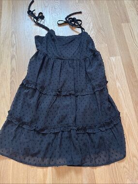 Girls Black Swiss Dot Tiered Tie-Shoulder Dress